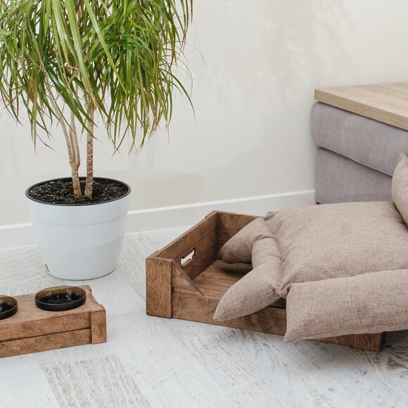 New Handmade Raised Wooden Cat/Dog Feeding Station - 2 Glass Bowls - Picture 3 of 4